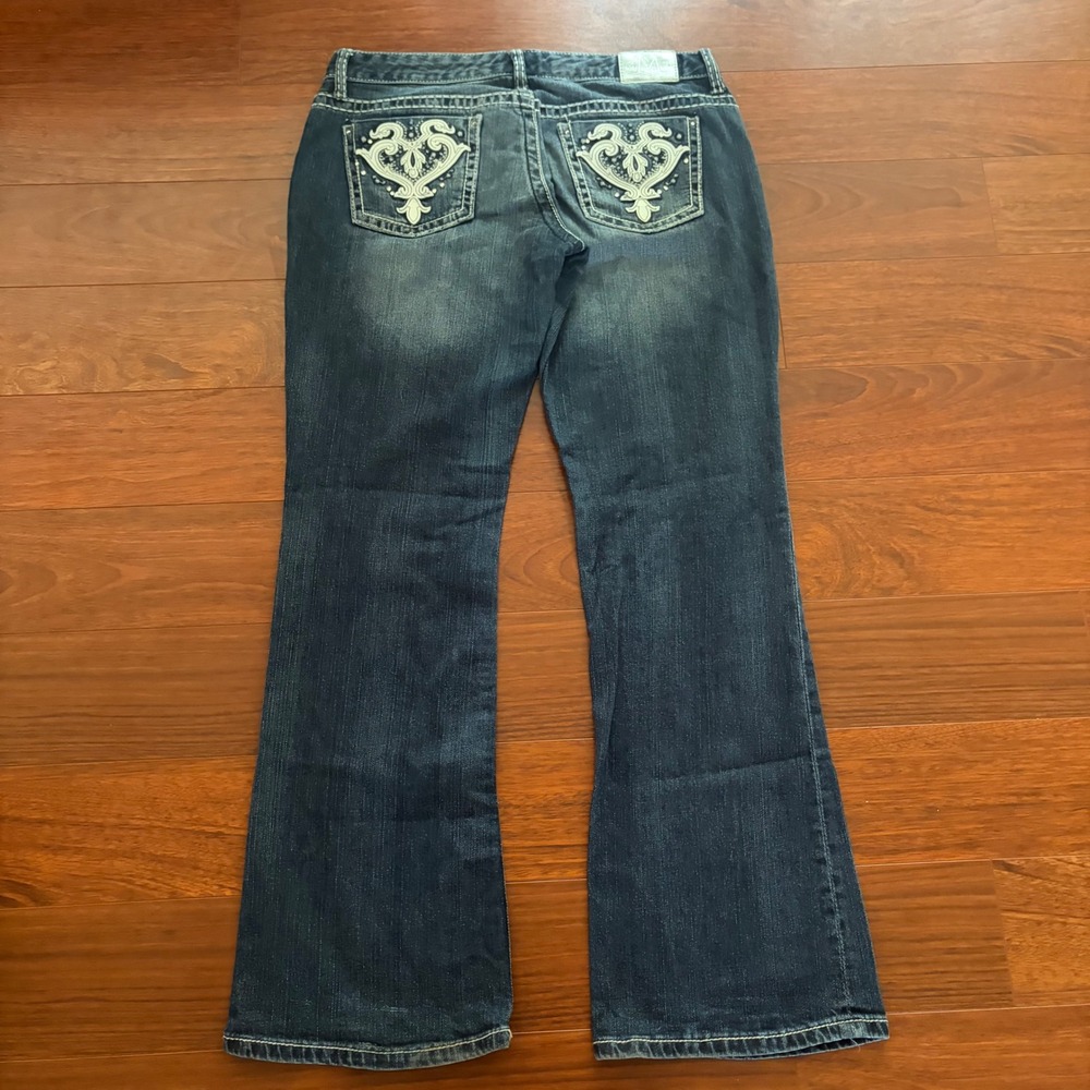 Y2K Faded Womens Jeans 11/12 Reg Blue Bootcut Embroidered McBling Dark Wash